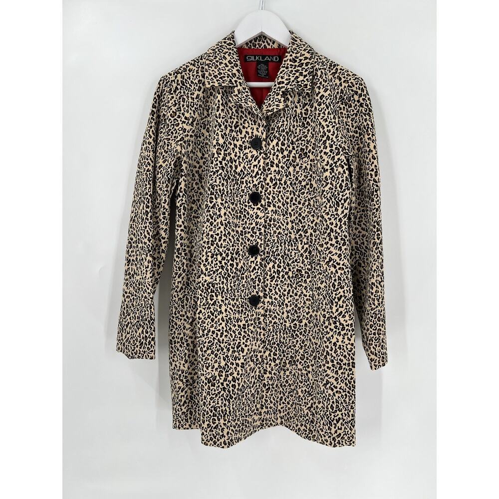 Silkland Vintage Coat Womens 10 Leopard Print Beige Black 90s Button Peacoat